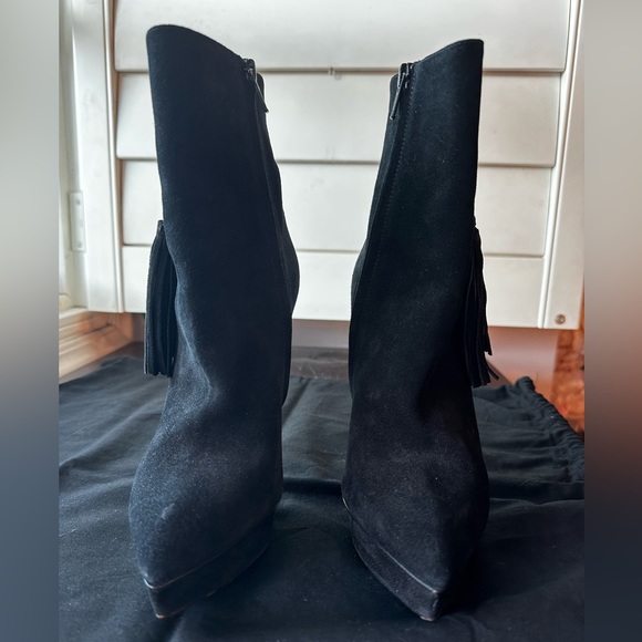 YSL Saint Laurent Janis Western Buckle Concho Ankle Boots Booties Black Suede - Picture 7 of 8